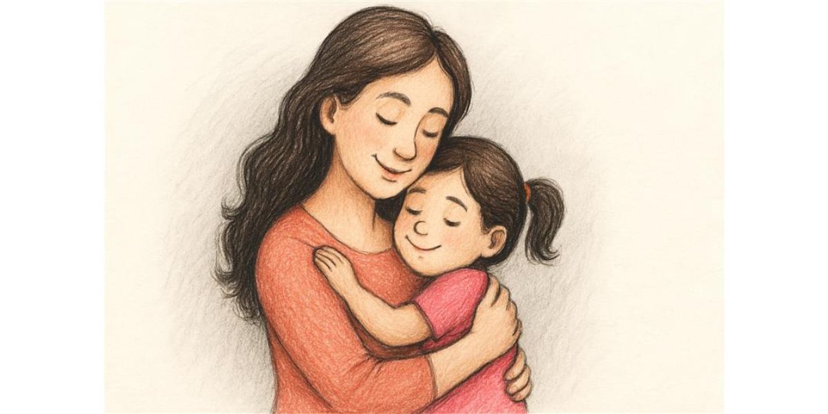 Child hugging mother with Happy Mother’s Day quote