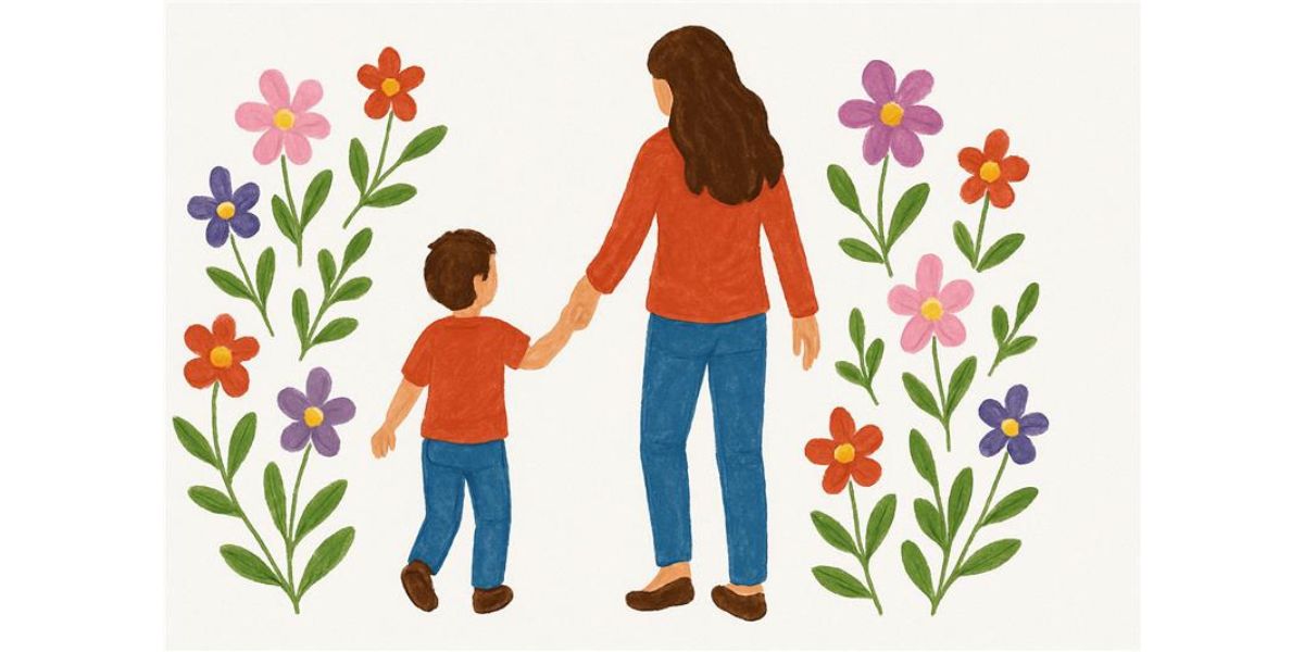 Kid walking with mom holding hands