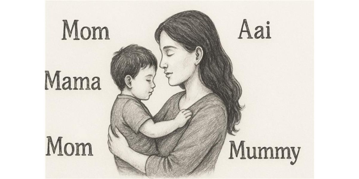 Mom holding child sketch with names in background