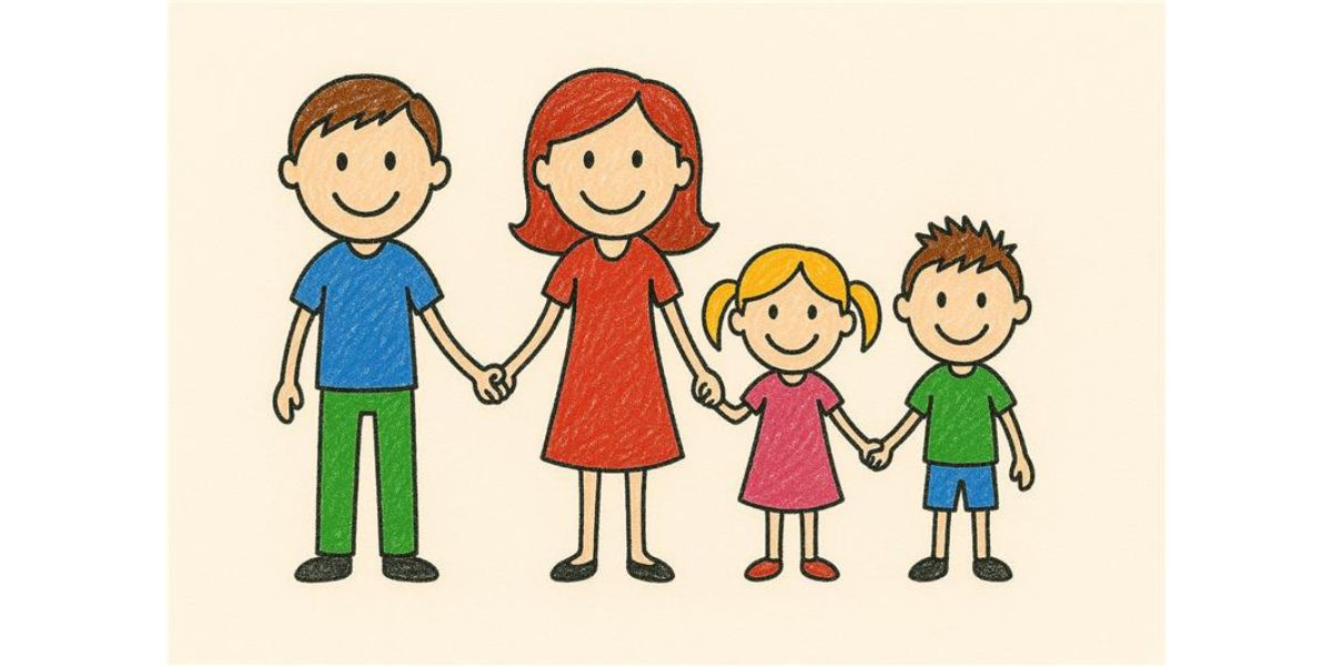 Cartoon family portrait with mom in the centre