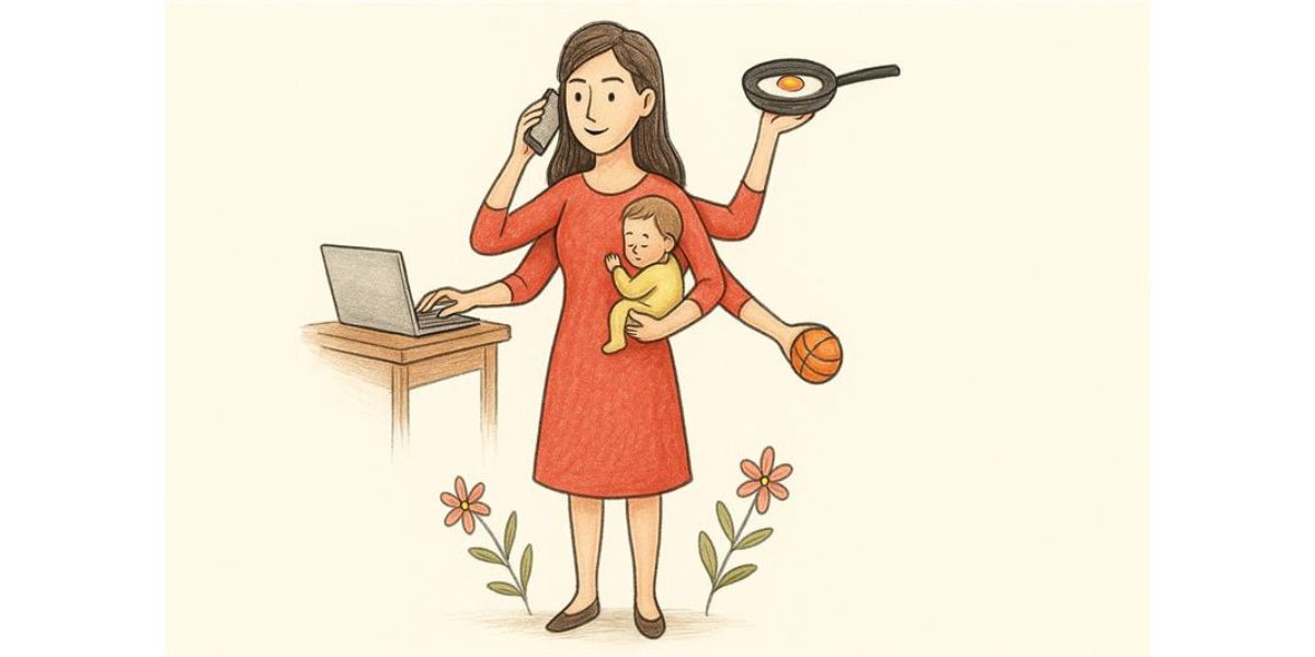 Poster of multitasking superwoman mom