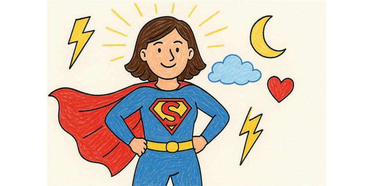 Child’s drawing of mom as a superhero with powers