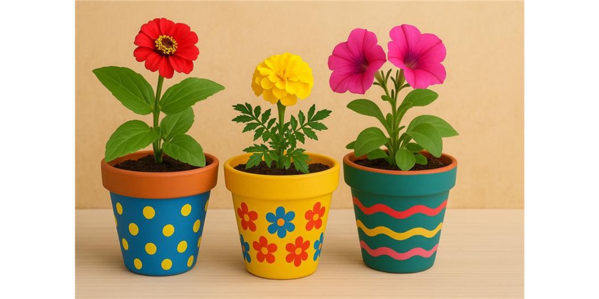 Decorated terracotta plant pots painted by kids