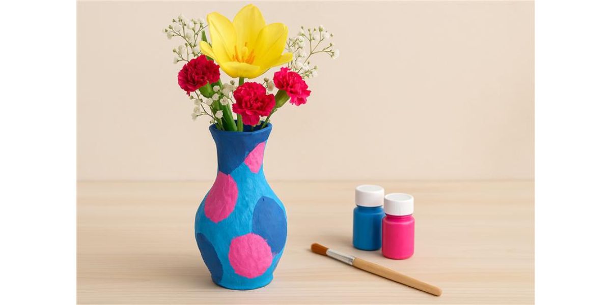 Handmade paper mache flower vase with paint