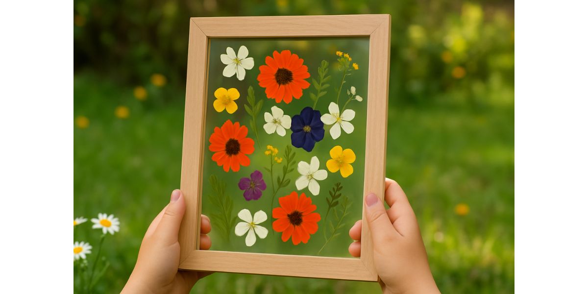 Pressed flower frame with garden blooms